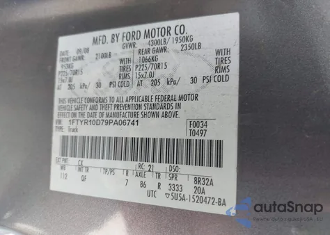 2009 Ford Ranger Sport/Xl/Xlt z USA, uszkodzony, nr VIN 1FTYR10D79PA06741